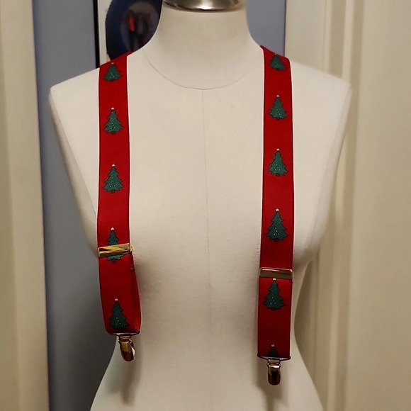 Red Holiday Christmas Tree Suspenders Elastic Adjustable CAS West Germany OS - Picture 2 of 7